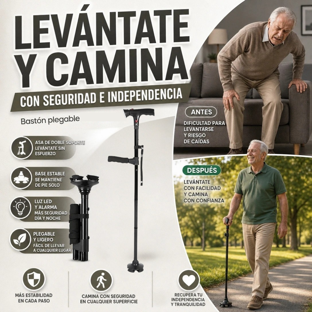 BASTÓN CON DOBLE APOYO Y LUZ LED MÁXIMA INDEPENDENCIA Y CONFORT