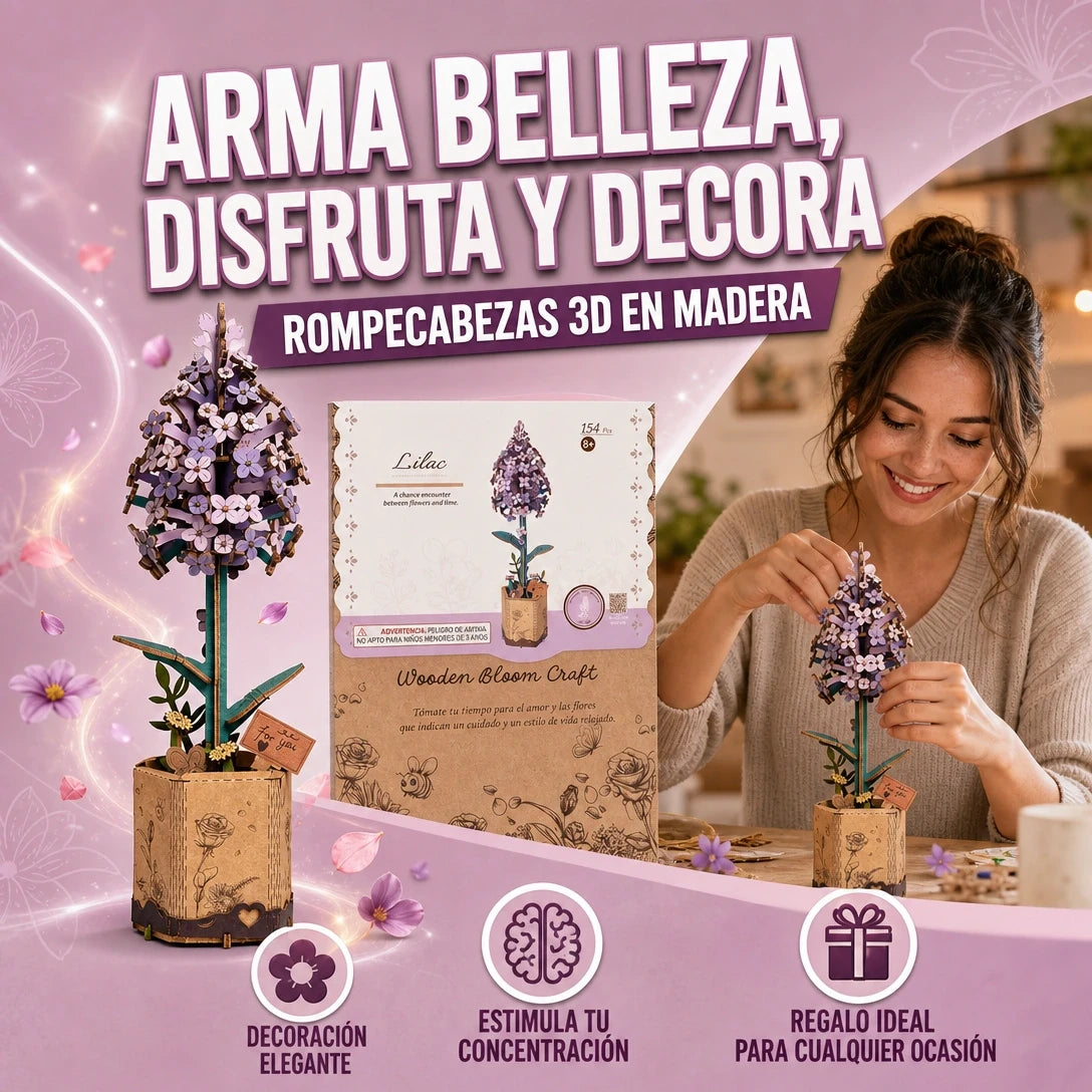 ROMPECABEZAS 3D EN MADERA DE FLORES LILAS DIVERSIÓN Y CONCENTRACIÓN