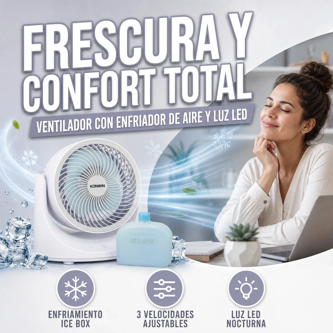 VENTILADOR PORTÁTIL CON ENFRIADOR DE AIRE Y LUZ LED FRESCURA Y COMODIDAD
